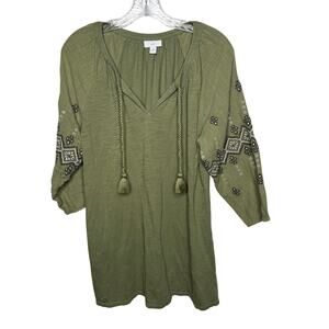 J.Jill Women’s‎ Green Embroidered Peasant Top Size Small Boho 3/4 Sleeve Tassel